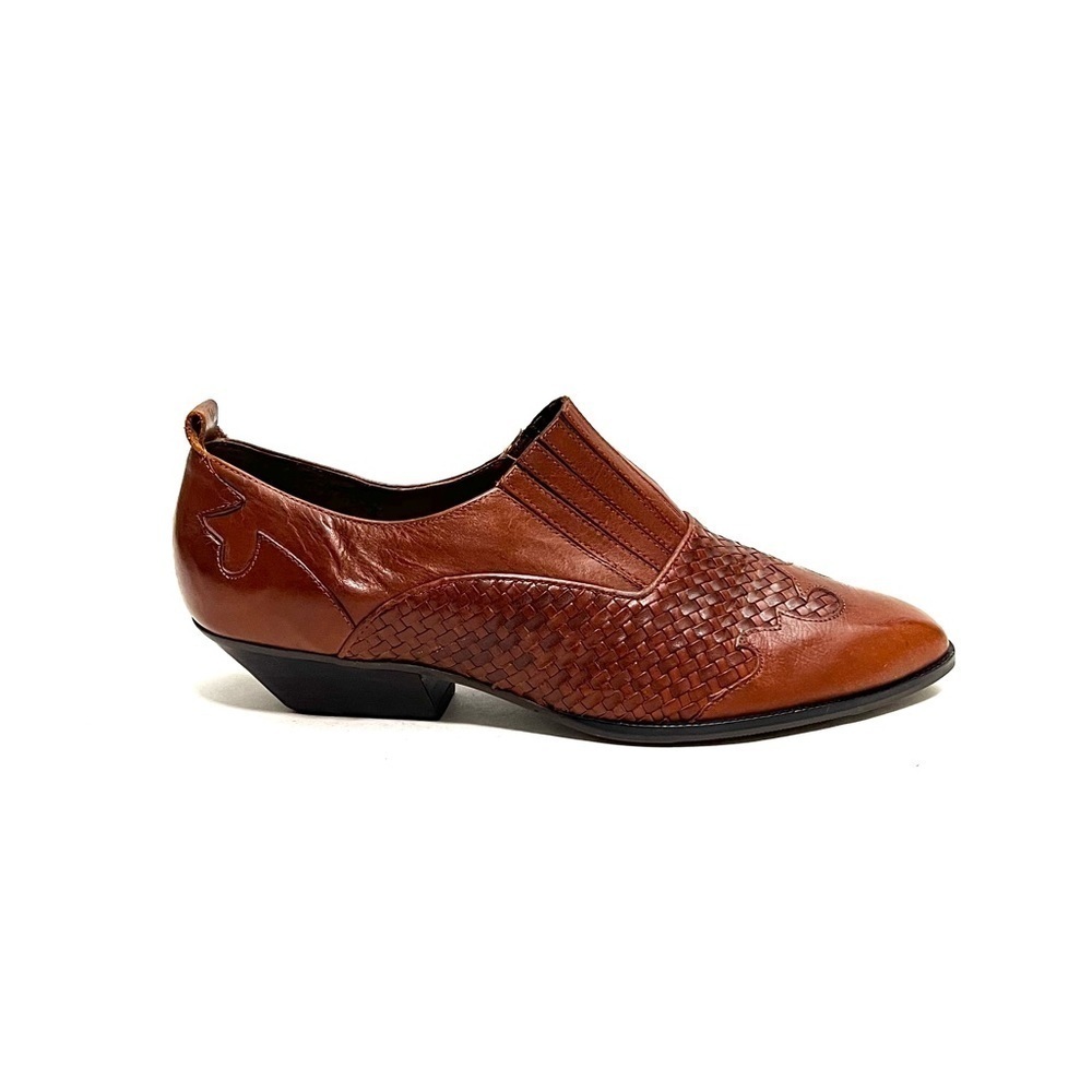 Vintage 1990s brown woven leather western style slip on pointed toe booties